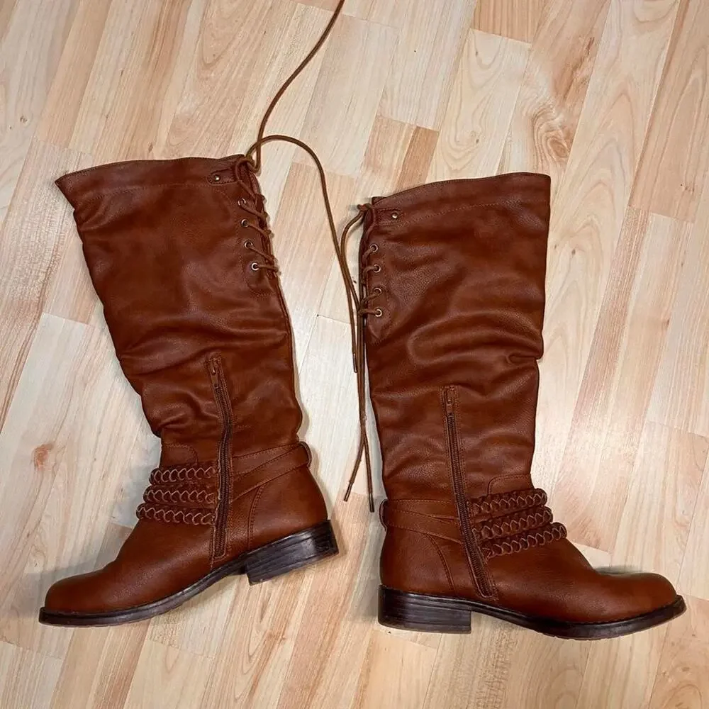 Western Boho Cognac Brown Tall Riding Boots Buckle Lace Up Knee High size 7